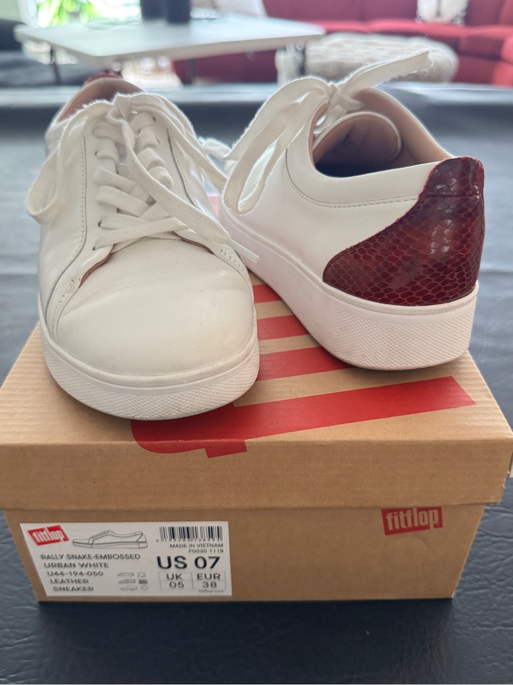 Fitflop White Leather Sneakers with Burgundy/red Snake-Embossed Heel. Size 7